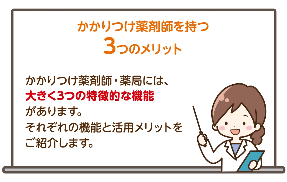 かかりつけ薬剤師を持つ3つのメリット｜かかりつけ薬剤師・薬局には、大きく3つの特徴的な機能があります。それぞれの機能と活用メリットをご紹介します。